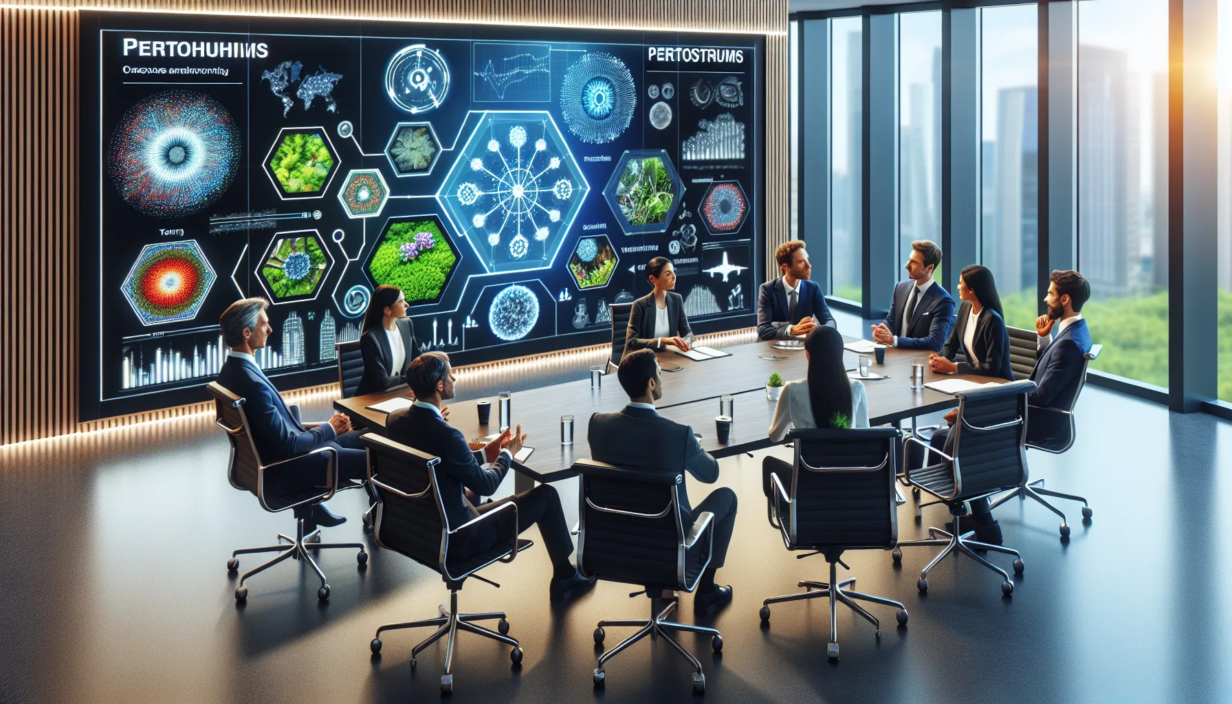 professionals discussing pertostrums applications in a modern conference room.