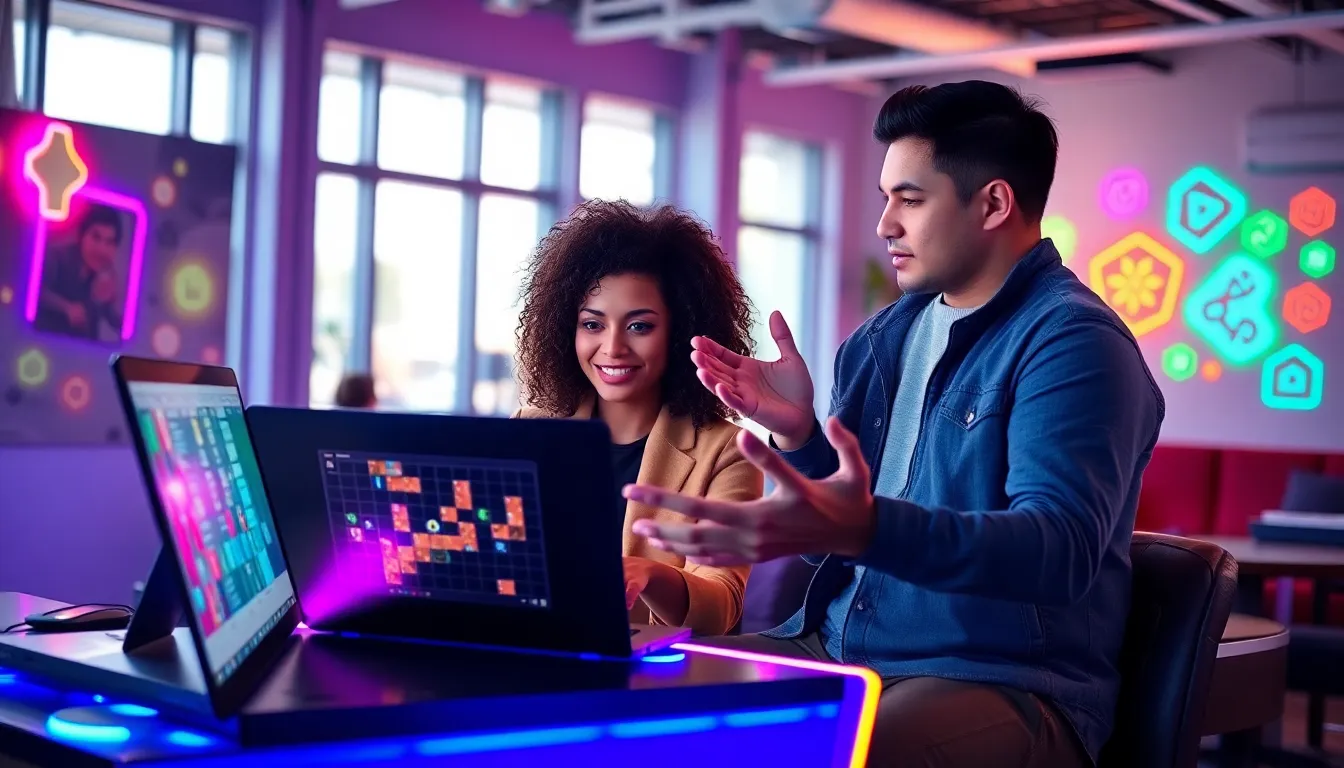 two players collaborating on a puzzle game in a modern gaming lounge.