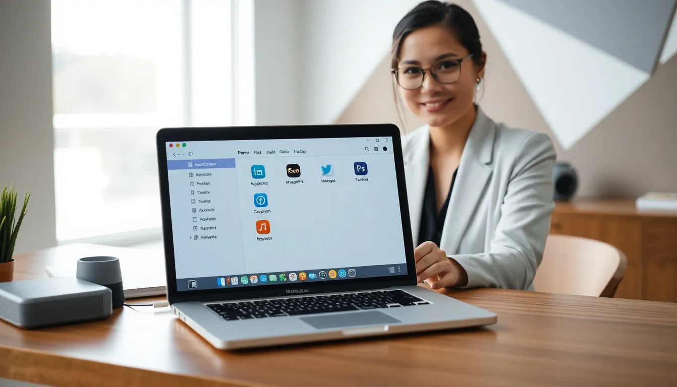 woman demonstrating app removal on a MacBook in a modern office.