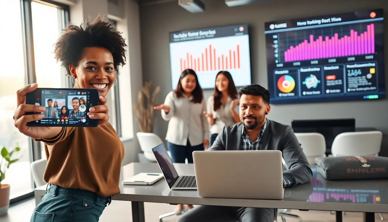 diverse team creating trendy social media music content in a modern office.