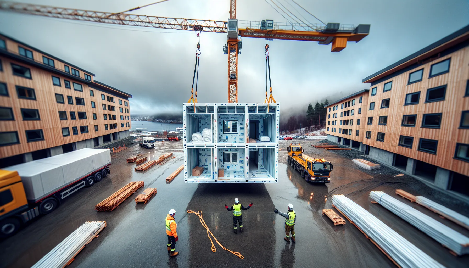 Crane lifts a prefabricated module onto a norwegian timber-clad apartment building.