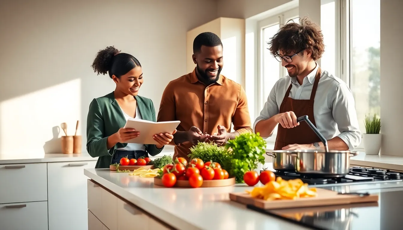 diverse team cooking together in a modern kitchen.