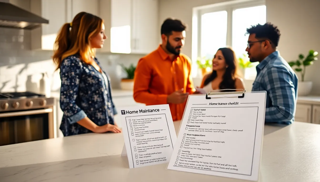 diverse team discussing a home maintenance checklist in a modern kitchen.