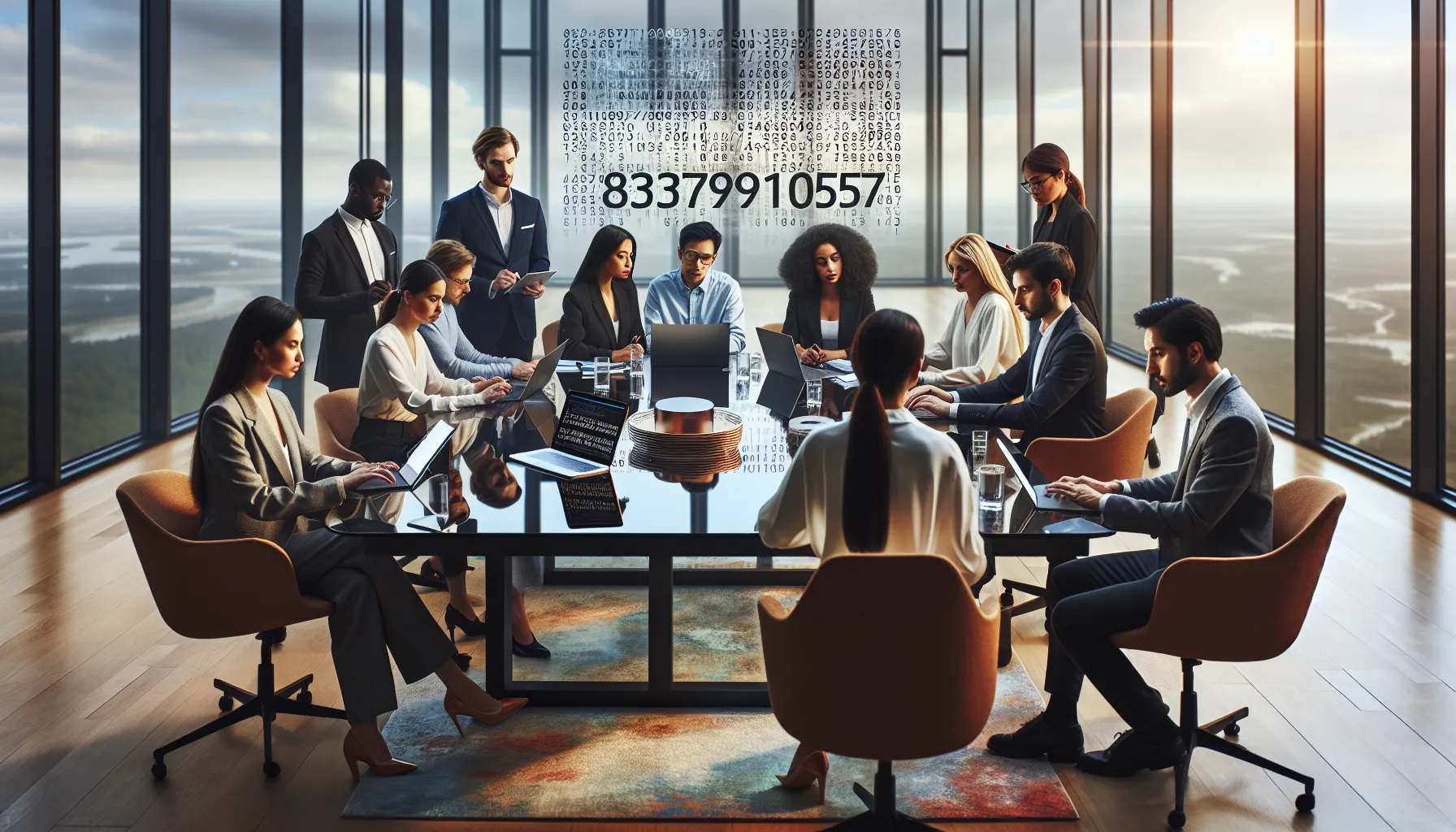 diverse group discussing the interpretation of a number in a modern office.