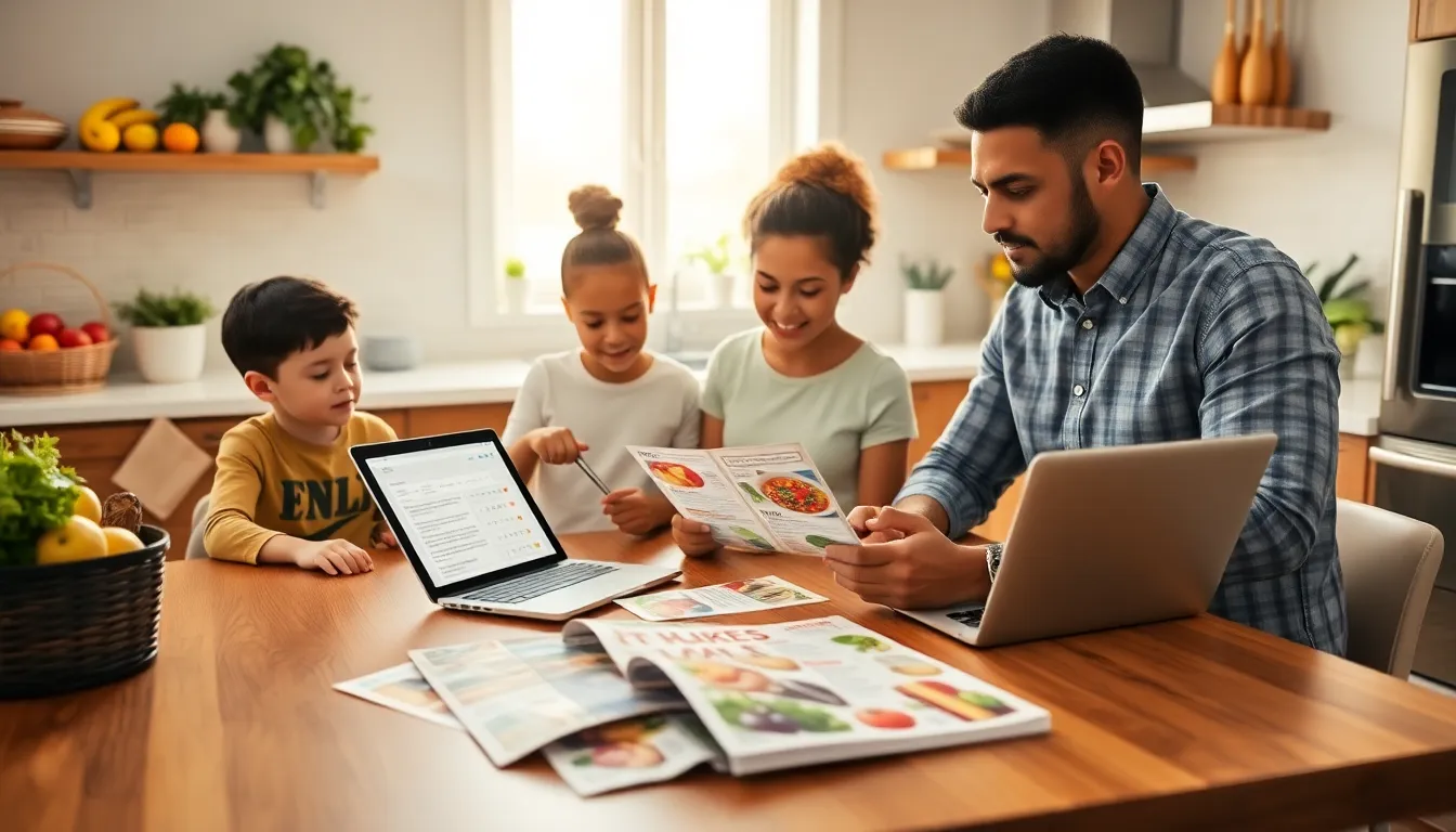 family budgeting together in a modern kitchen.