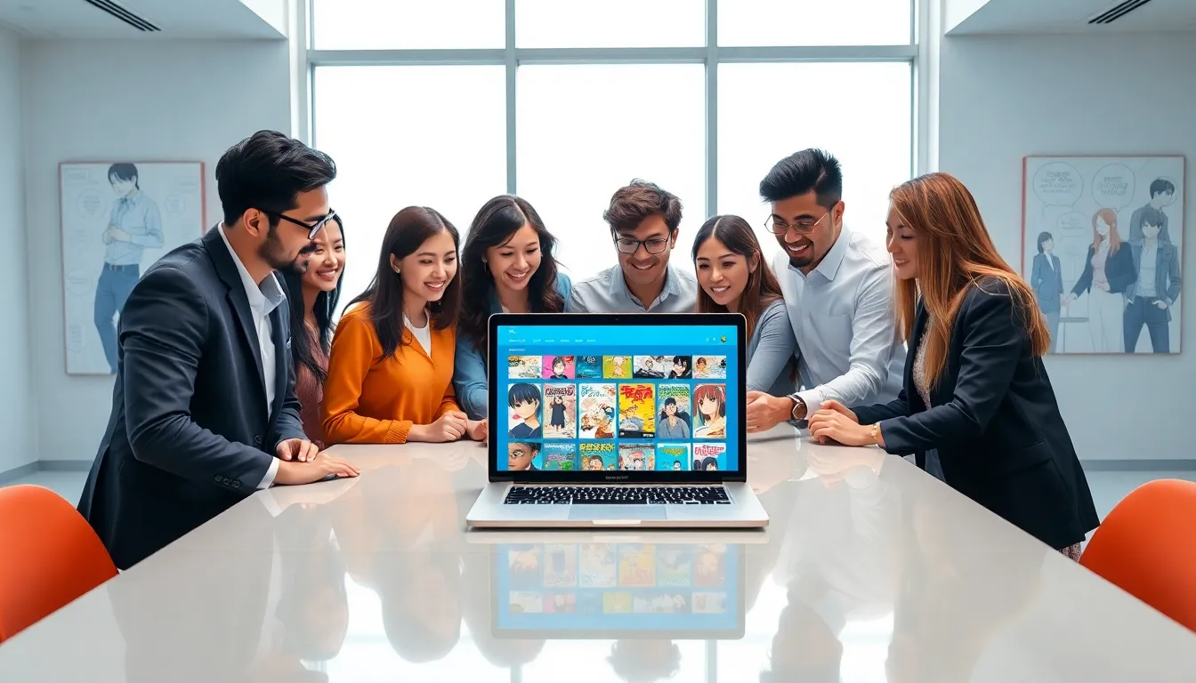 diverse team exploring manga titles on a laptop.