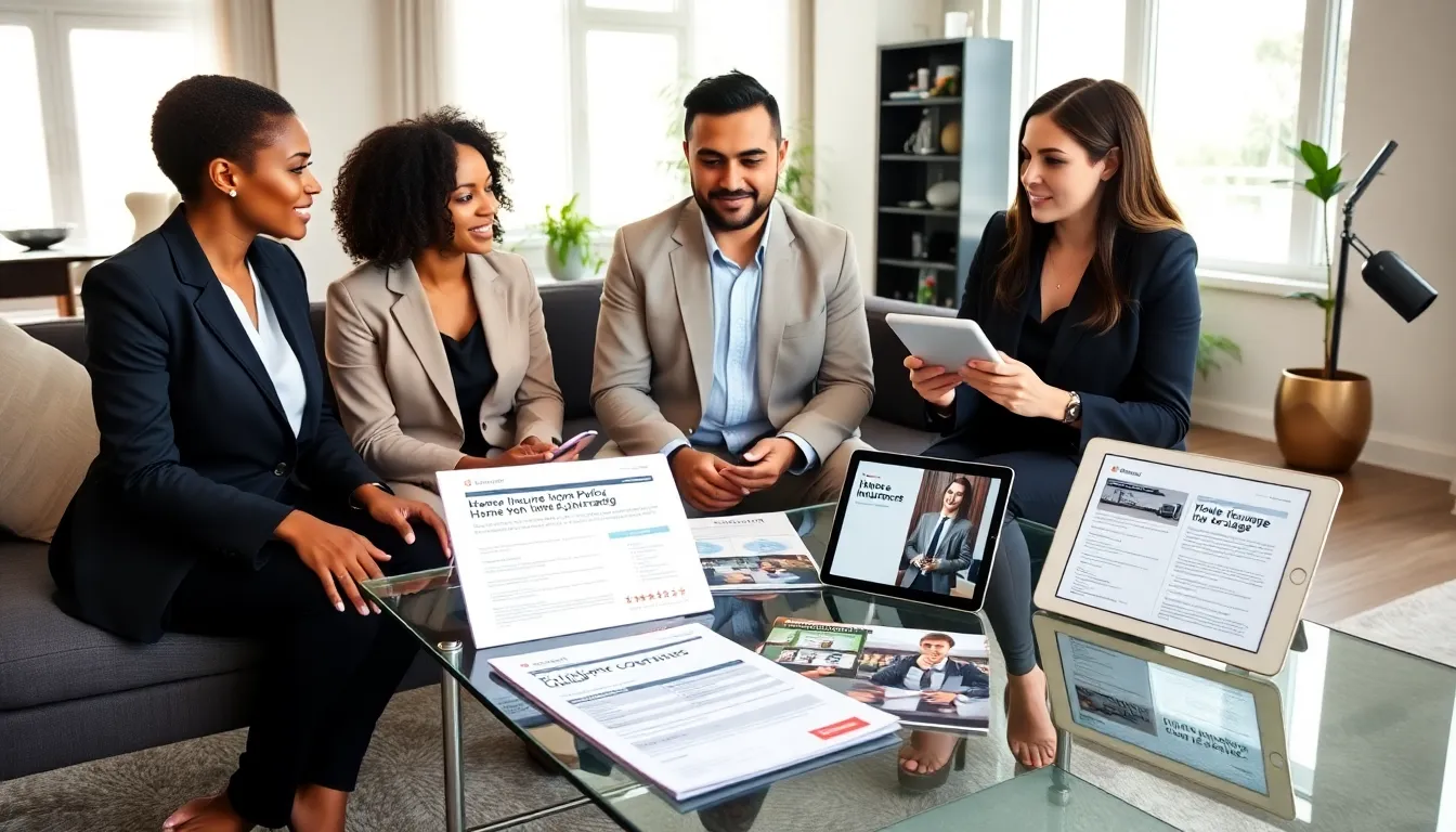 professionals discussing home insurance coverage for appliances in a modern living room.