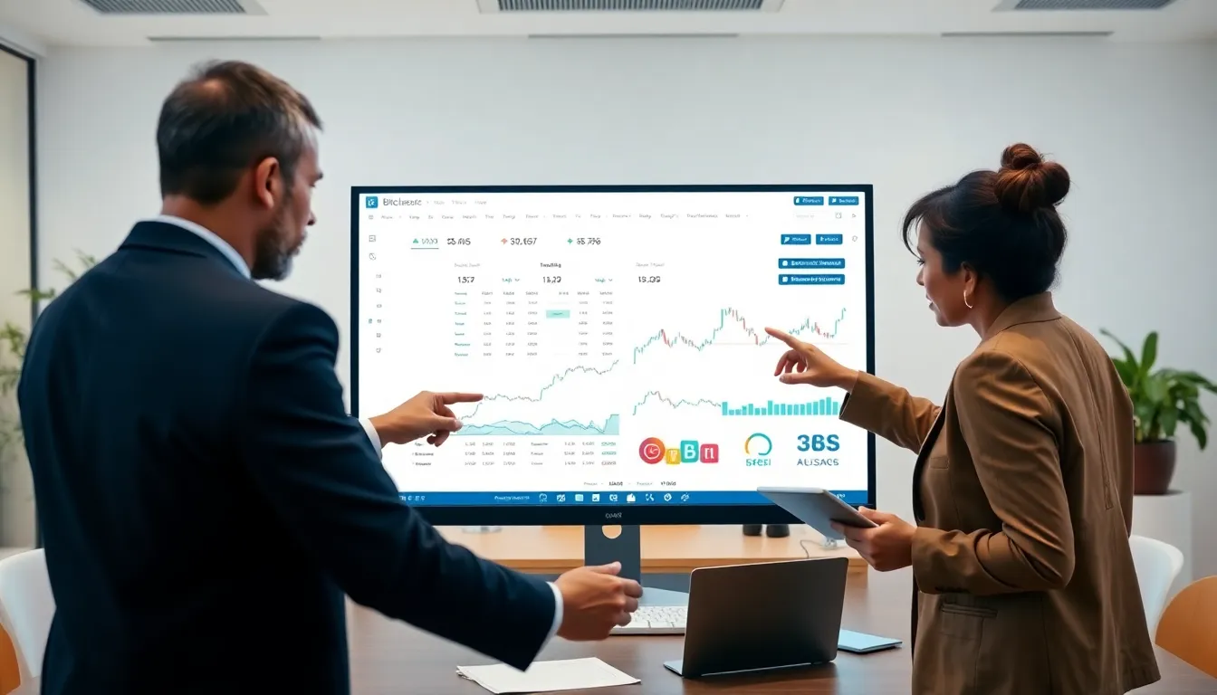 diverse team discussing cryptocurrency trades in a modern office.