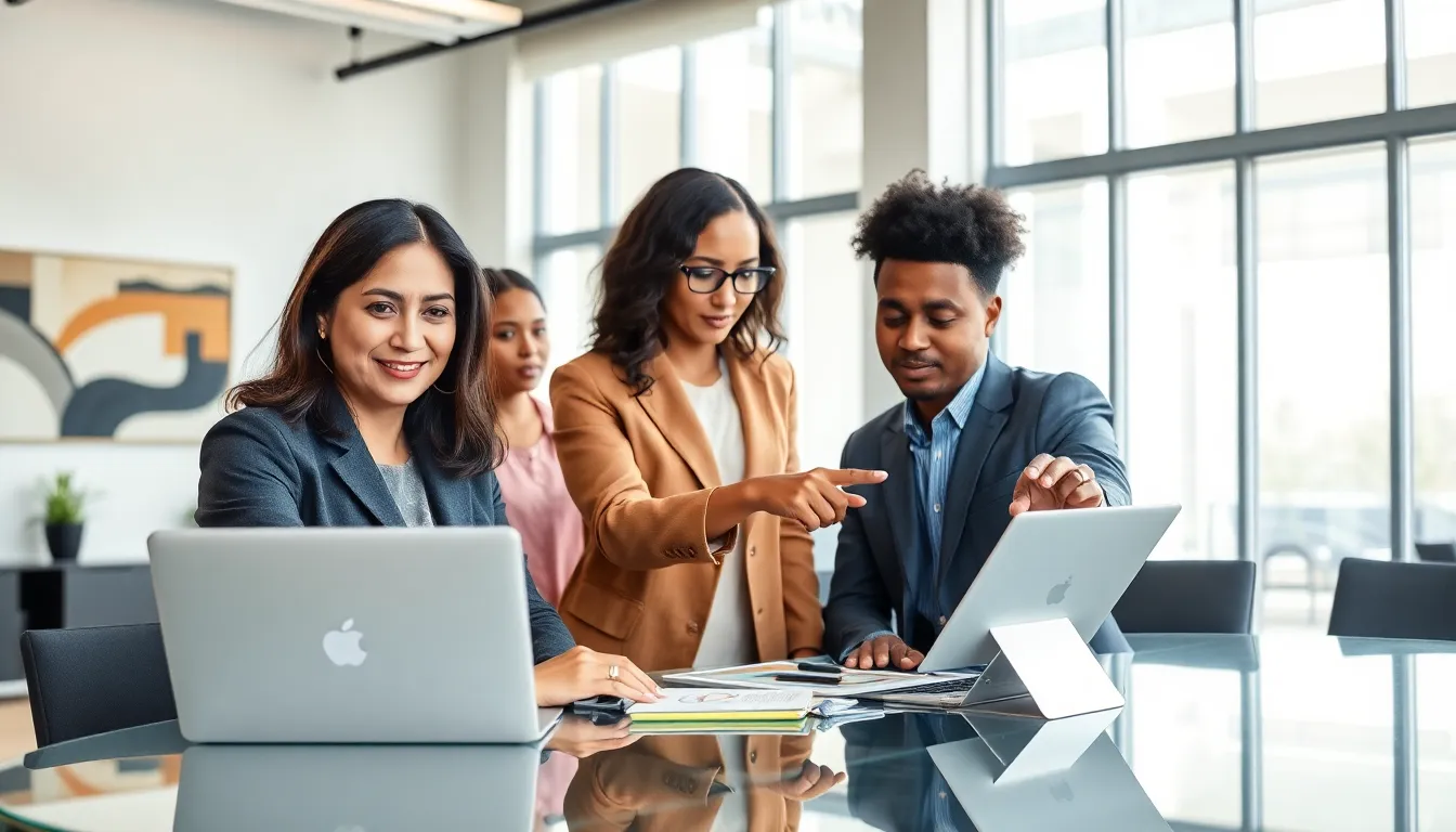 diverse team using Gfxmaker.com in a modern office space.