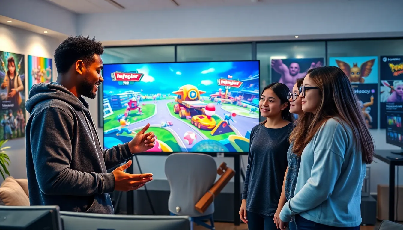 game developers collaborating on a new video game in a modern office.