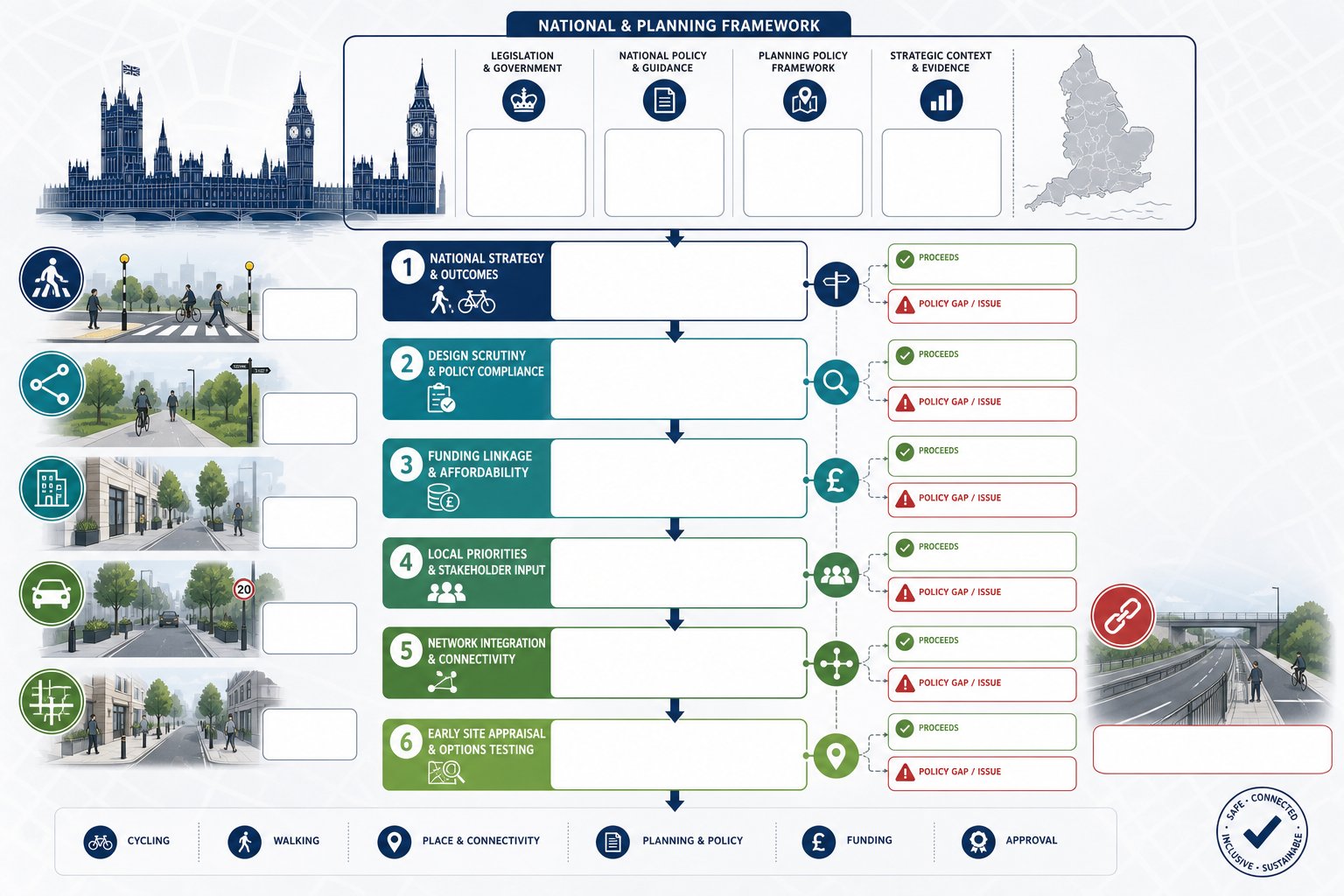 Infographic showing UK active travel policy shaping connected walking and cycling schemes.