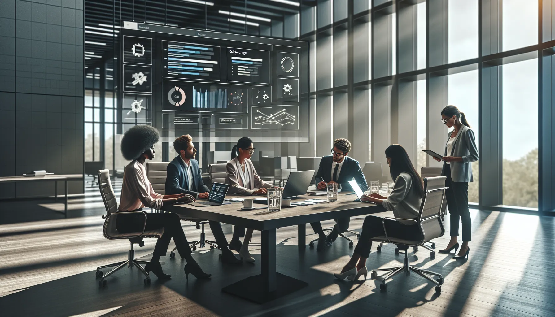 IT professionals troubleshooting ShotScribus software upgrade issues in a modern office.