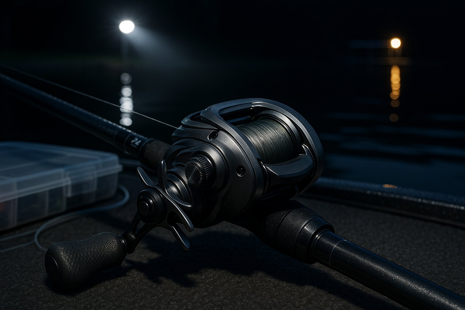 Night fishing reel setup on a boat with rod and braided line.