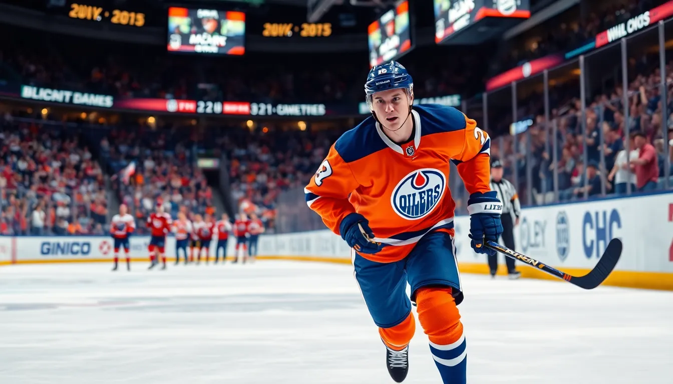 Connor McDavid showcasing speed during a thrilling NHL game.