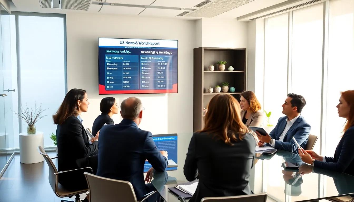professionals discussing neurology rankings in a modern office.