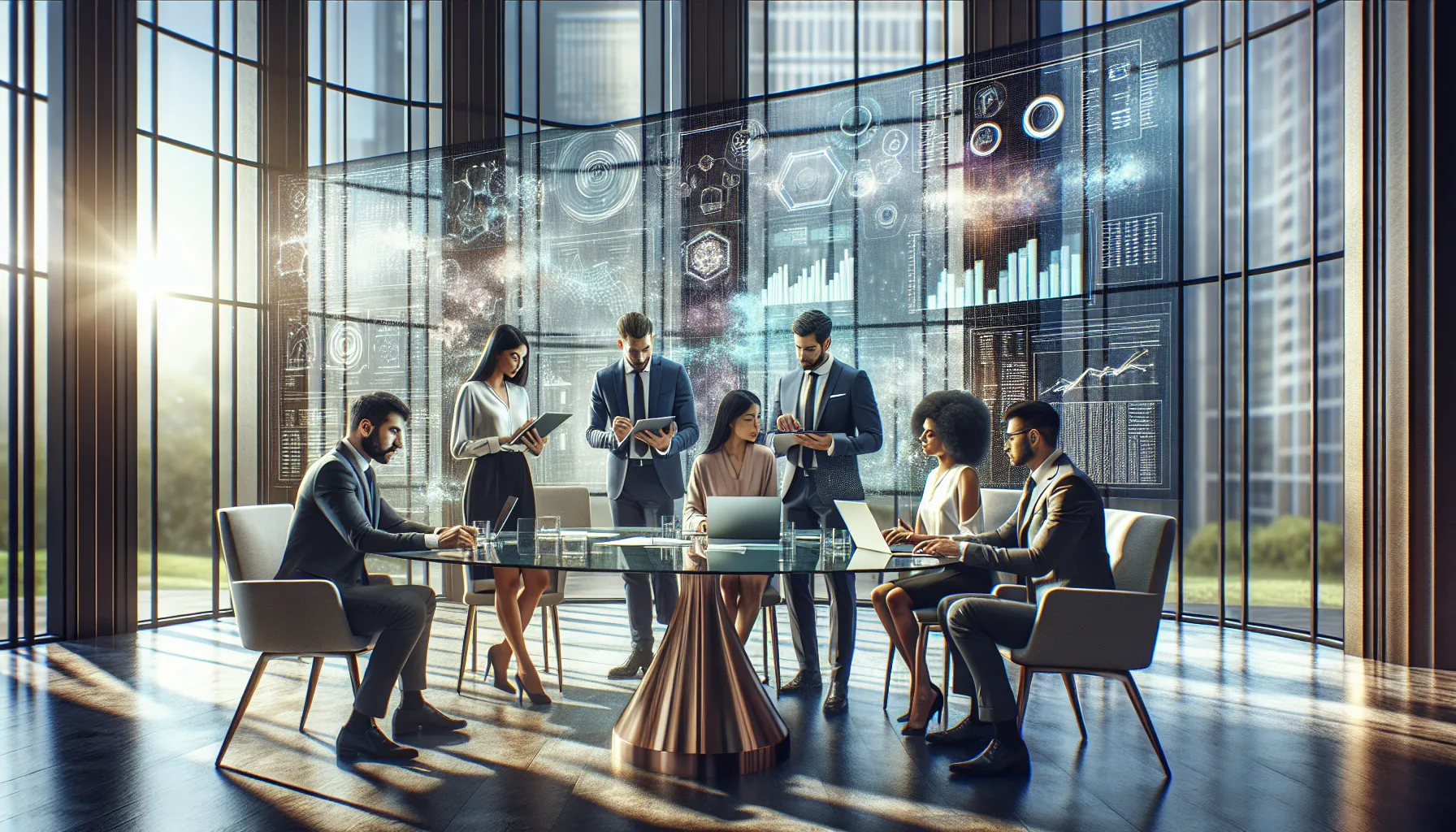 diverse team discussing data in a modern office.