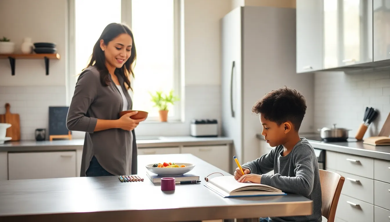 solo parent managing daily tasks with a child in a modern kitchen.