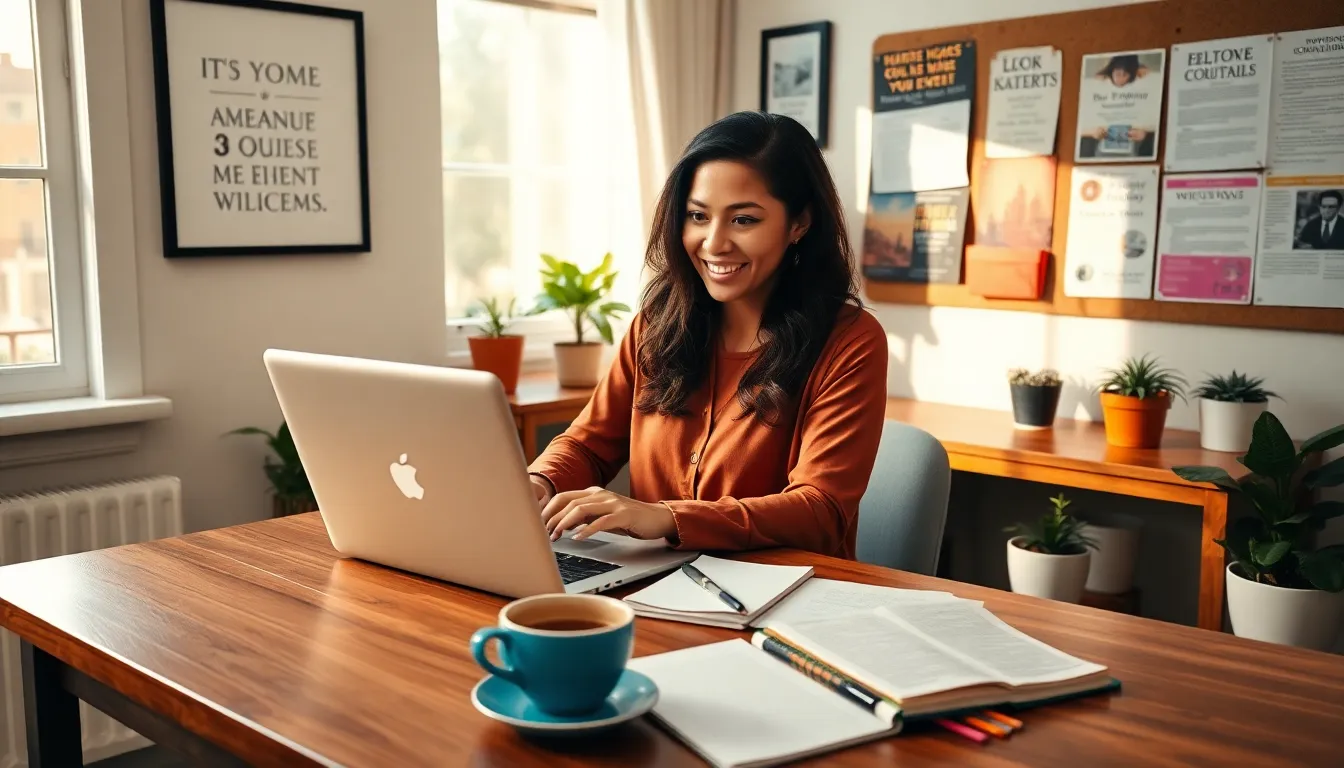 a young woman blogging in a cozy home office with warm lighting.