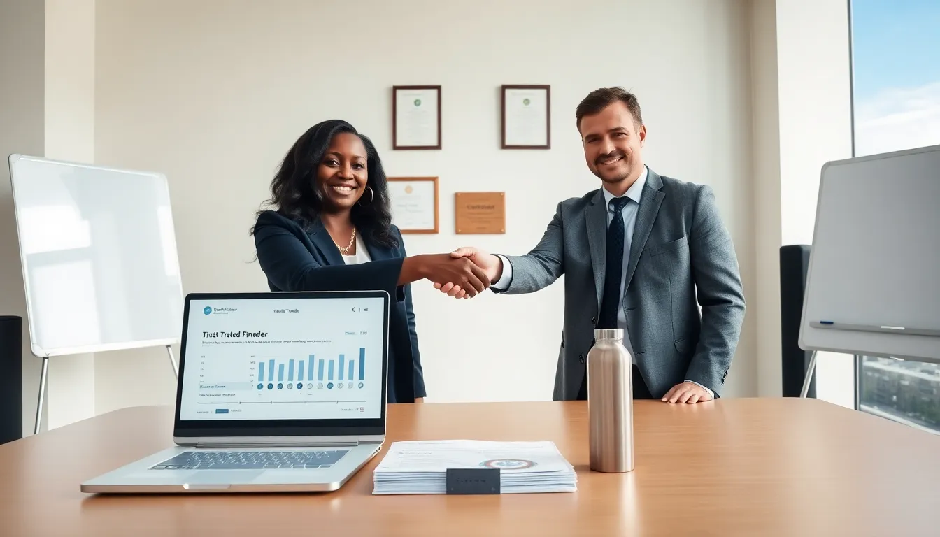 Two professionals shaking hands over an SLA in a sunlit conference room.