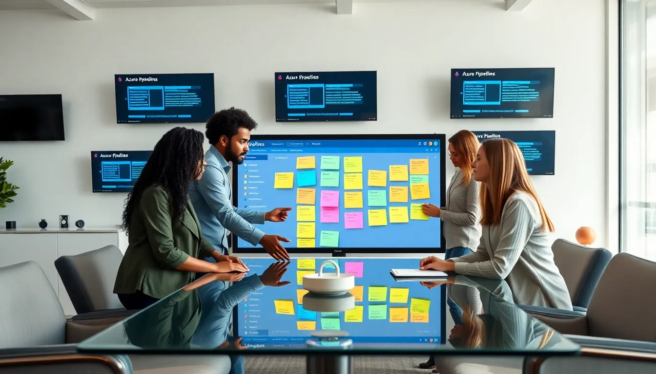 diverse team collaborating around a digital display of Azure DevOps Boards.