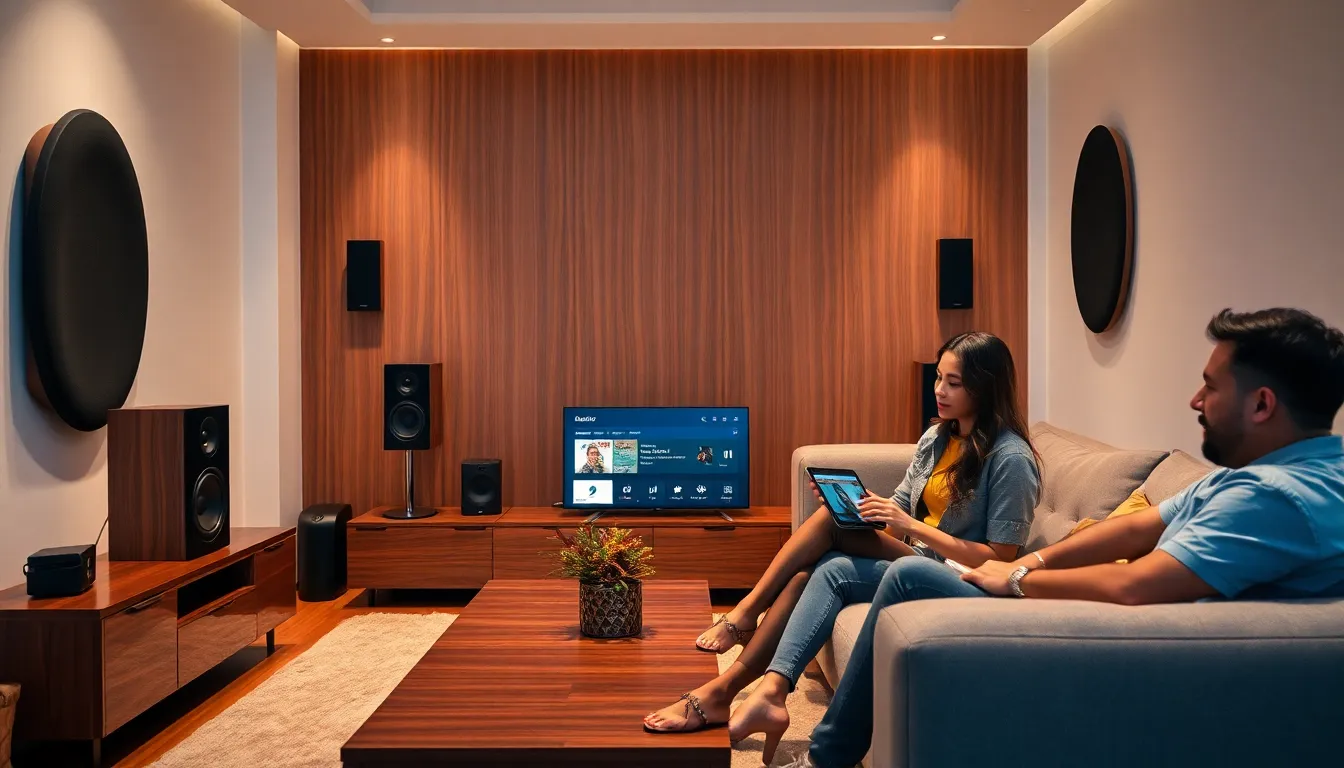 diverse individuals enjoying a premium audio experience in a modern living space.