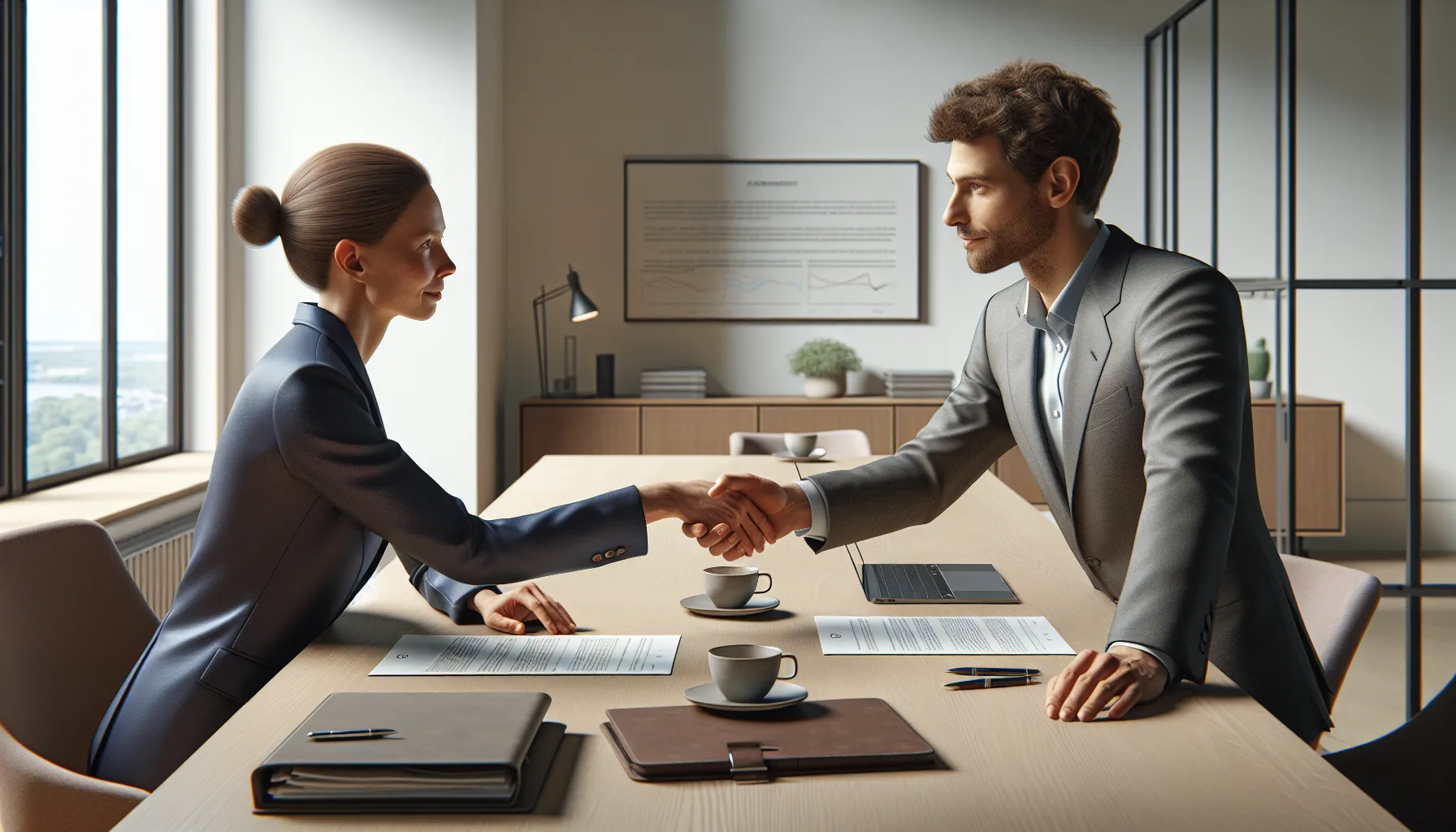To norske forretningspersoner håndhilser fornøyd etter en vellykket forhandling i møterom.