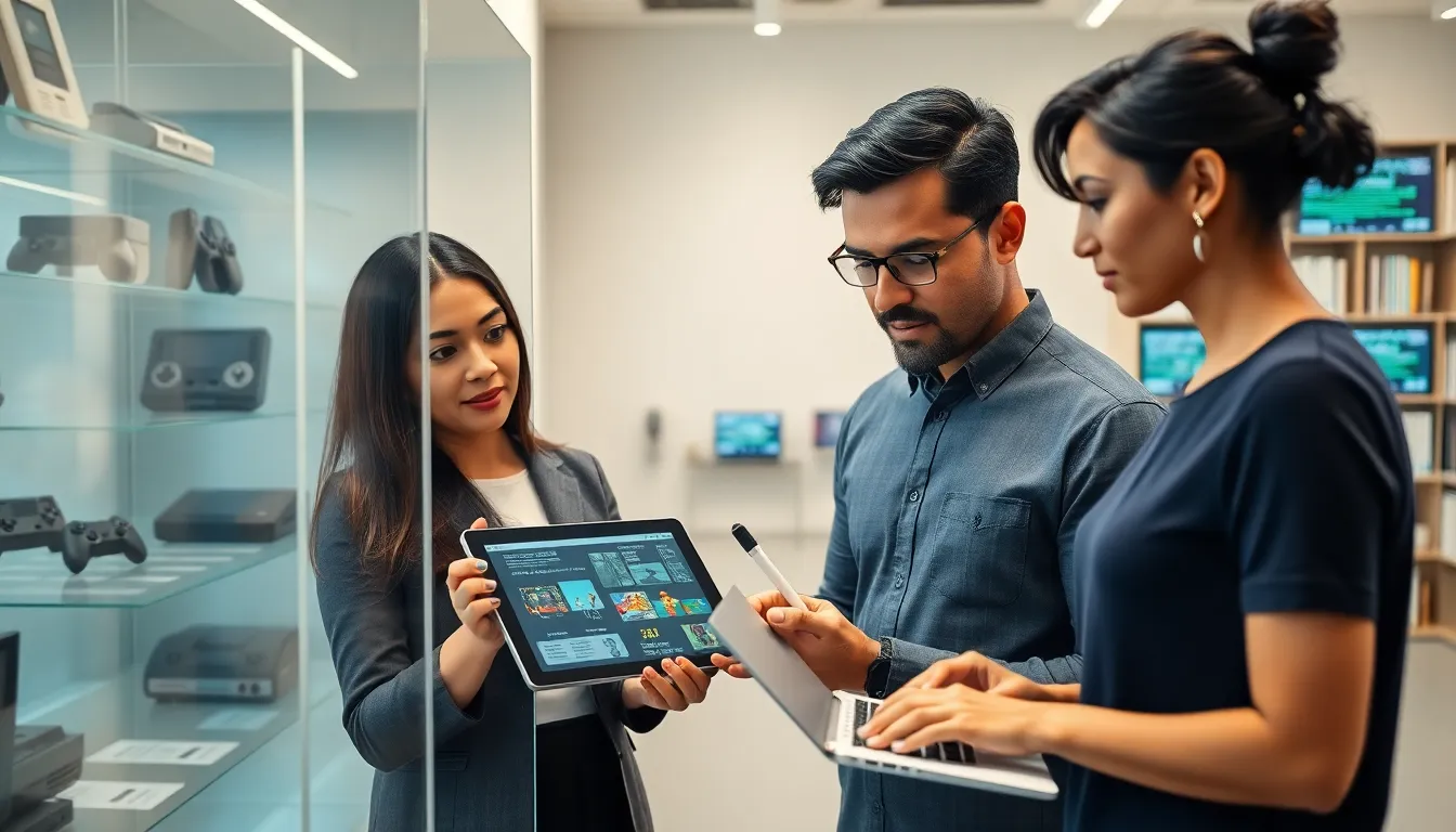 professionals exploring video game history in a modern archive.