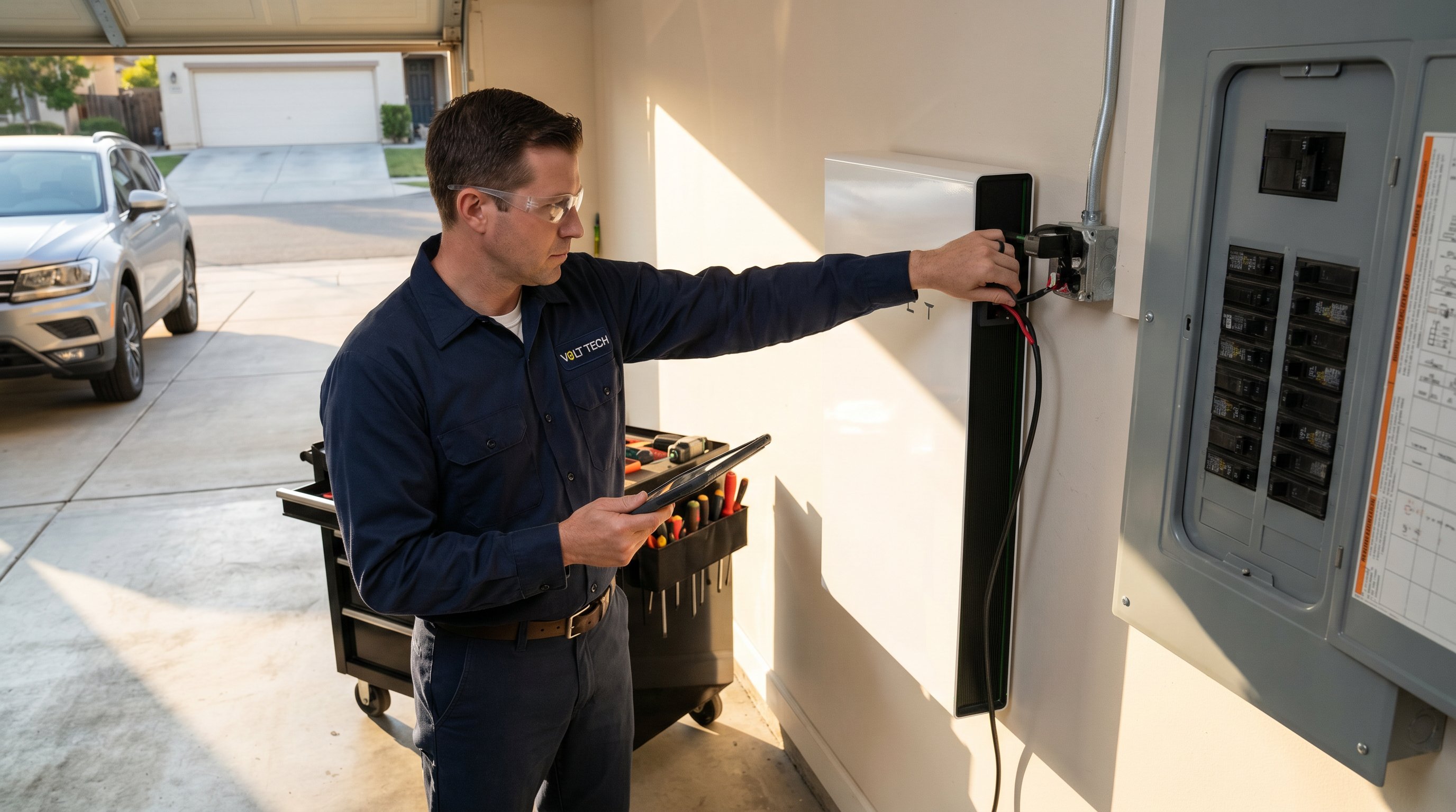 Professional electrician installing white home battery system on garage wall next to electrical panel
