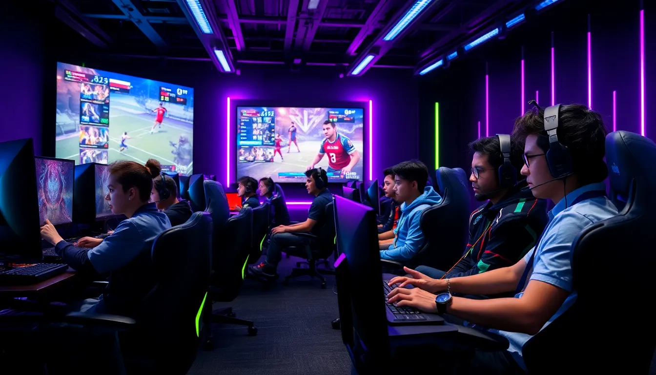 diverse esports team competing in a modern gaming room.