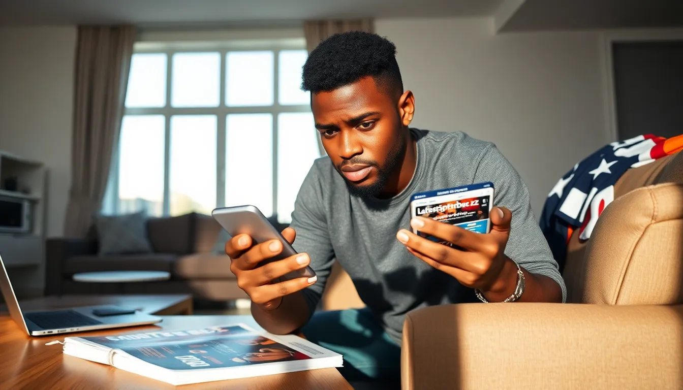 a man reading sports news on his smartphone in a cozy living room.