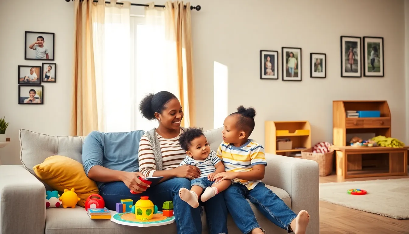 diverse family nurturing a child in a cozy living room.