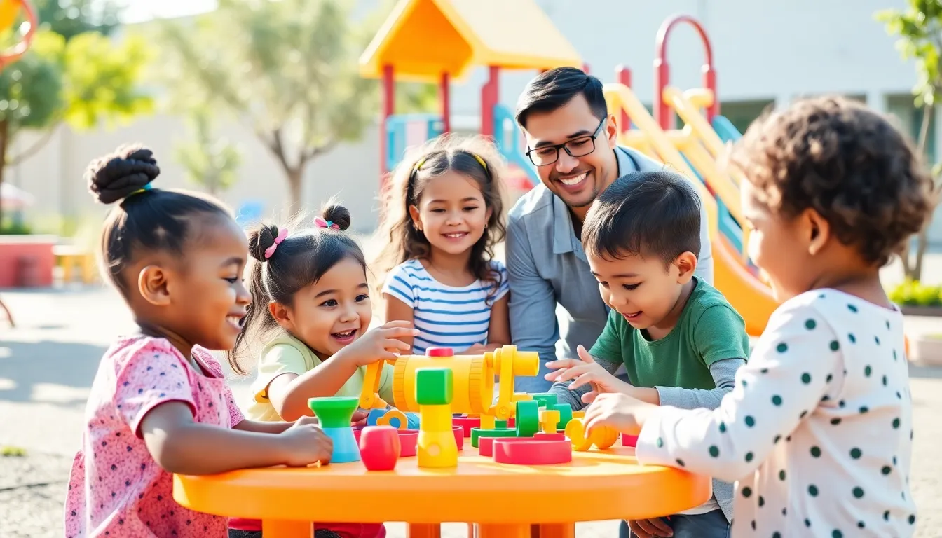 diverse preschoolers playing together at a modern playground.