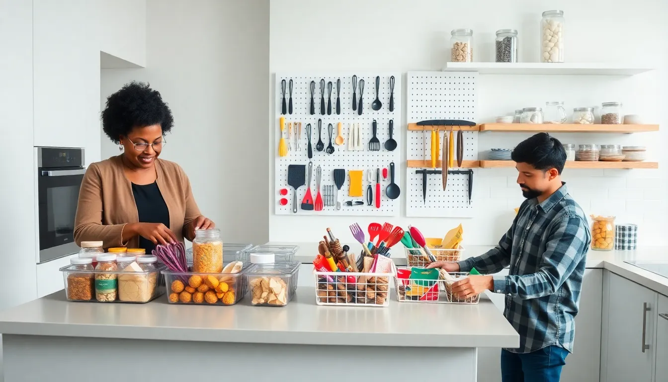 professionals organizing a kitchen with Dollar Tree storage products.