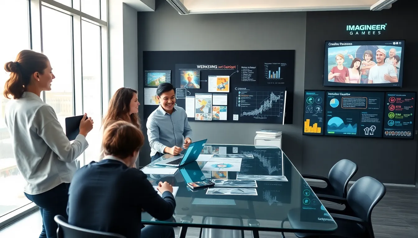 diverse team brainstorming game ideas in a modern office.