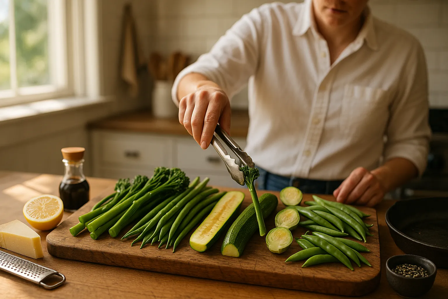 chef selecting broccolini from a board of asparagus substitutes