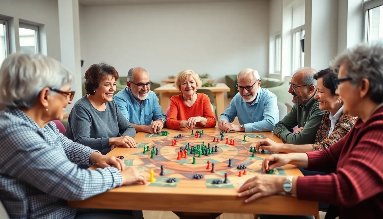 diverse seniors enjoying a war game in a community center.