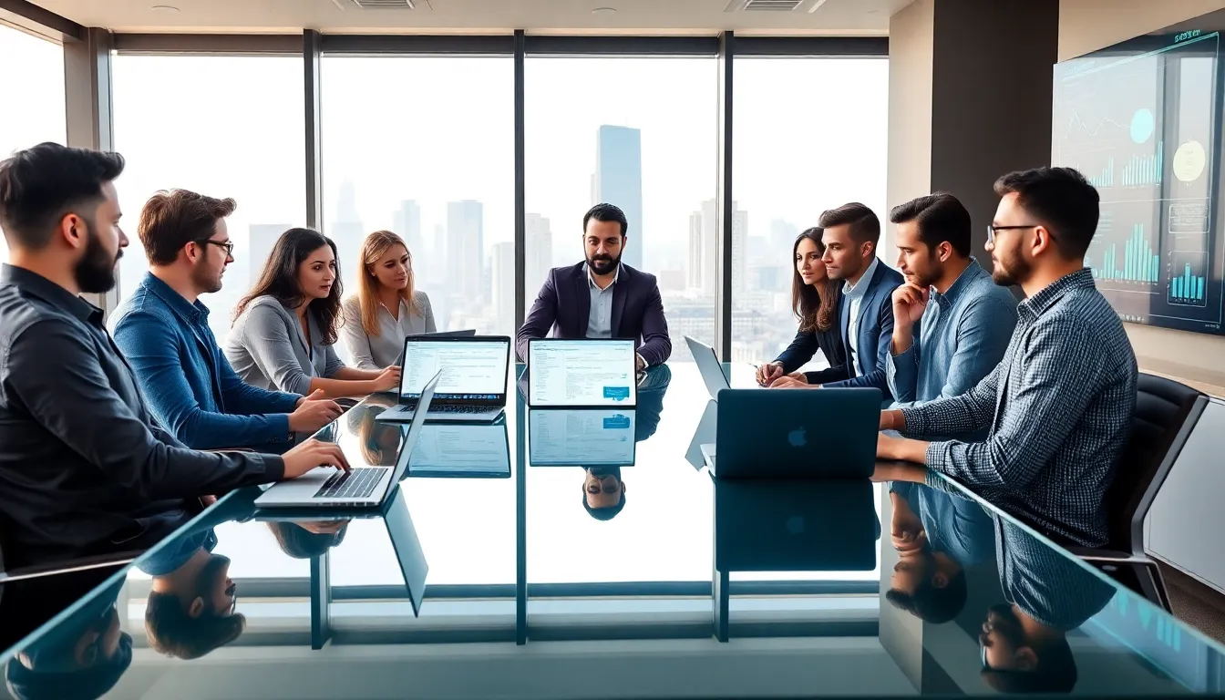 diverse team collaborating on custom software development in a modern office.