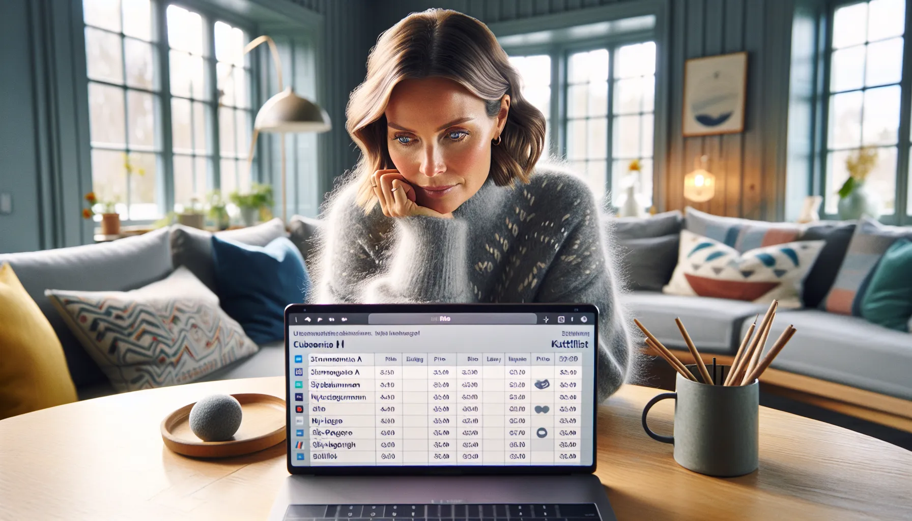 Norwegian woman scoring subscriptions on laptop, prioritizing unused ones to cancel.