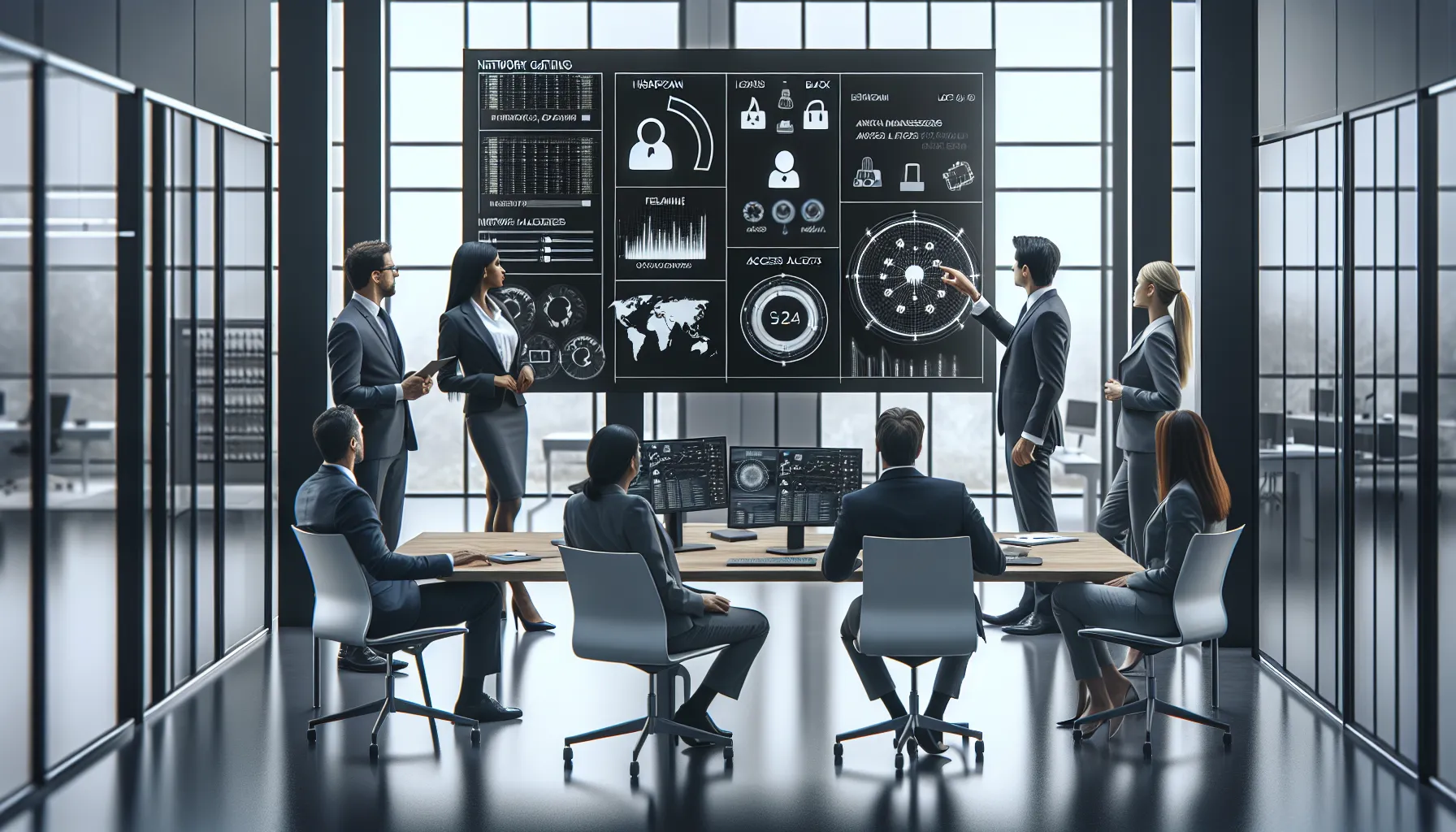 IT team discussing network gating in a modern office.