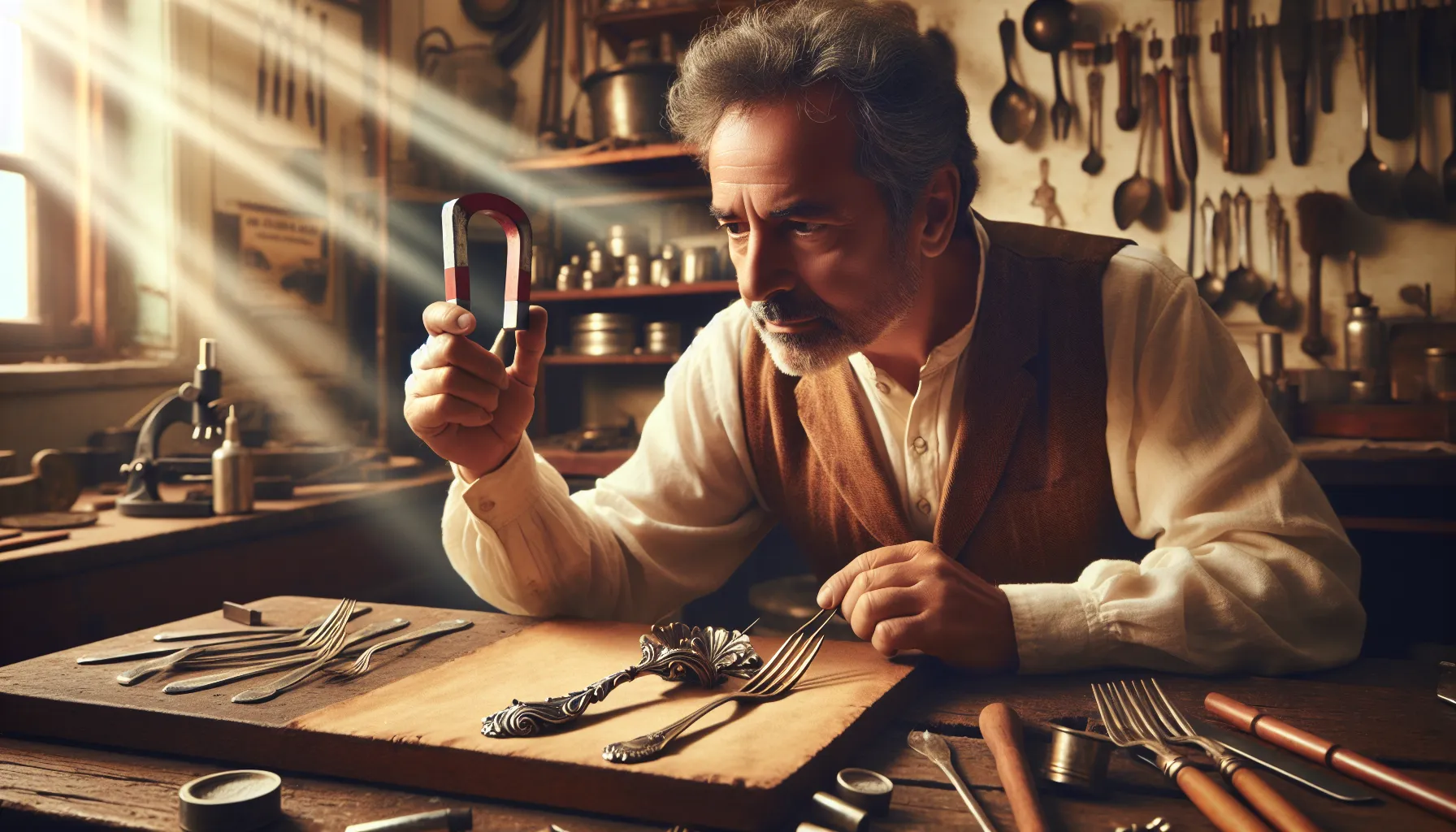 A man testing silverware with a magnet in a workshop.