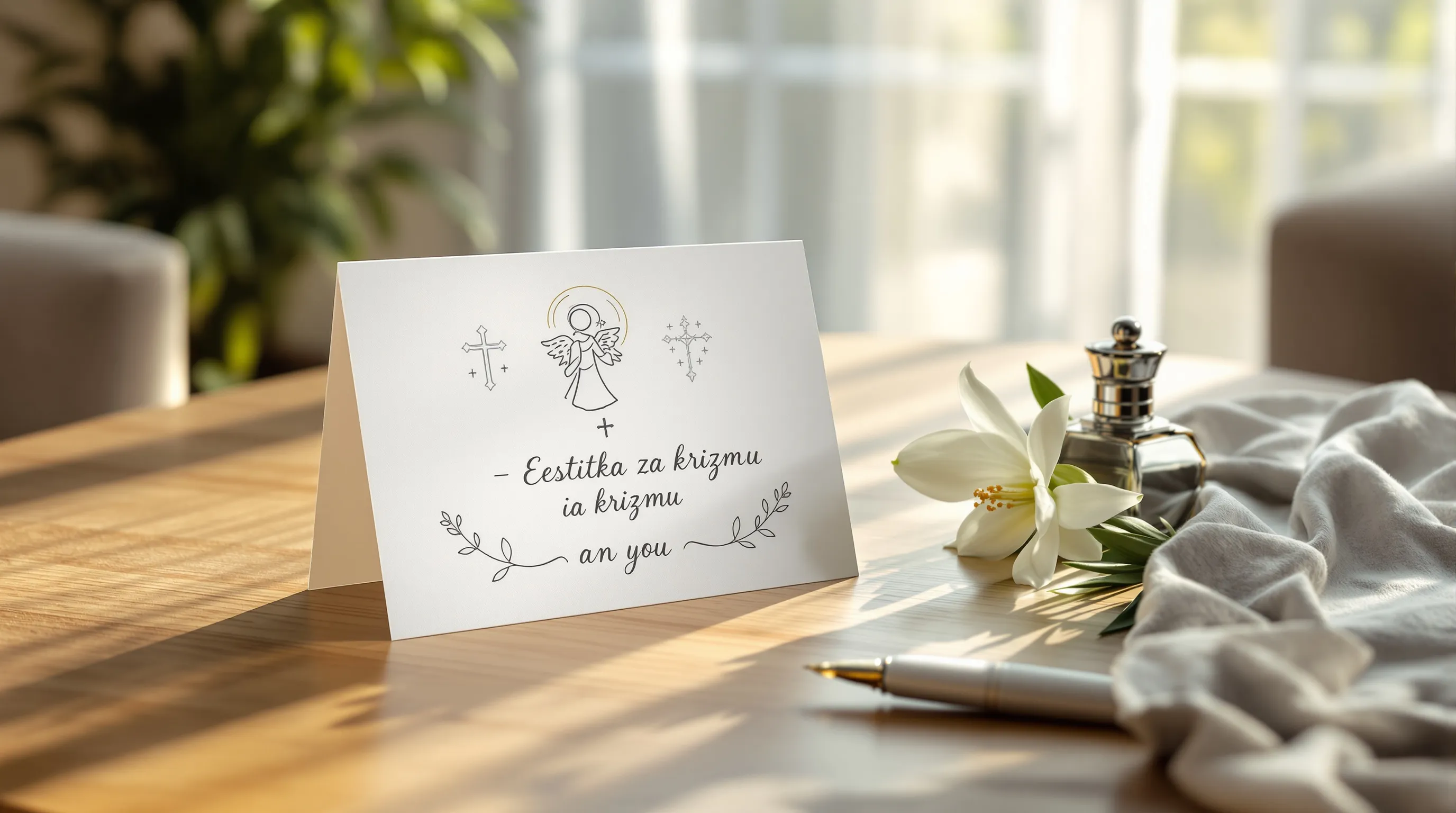 Handwritten confirmation card with angel drawing on modern table.