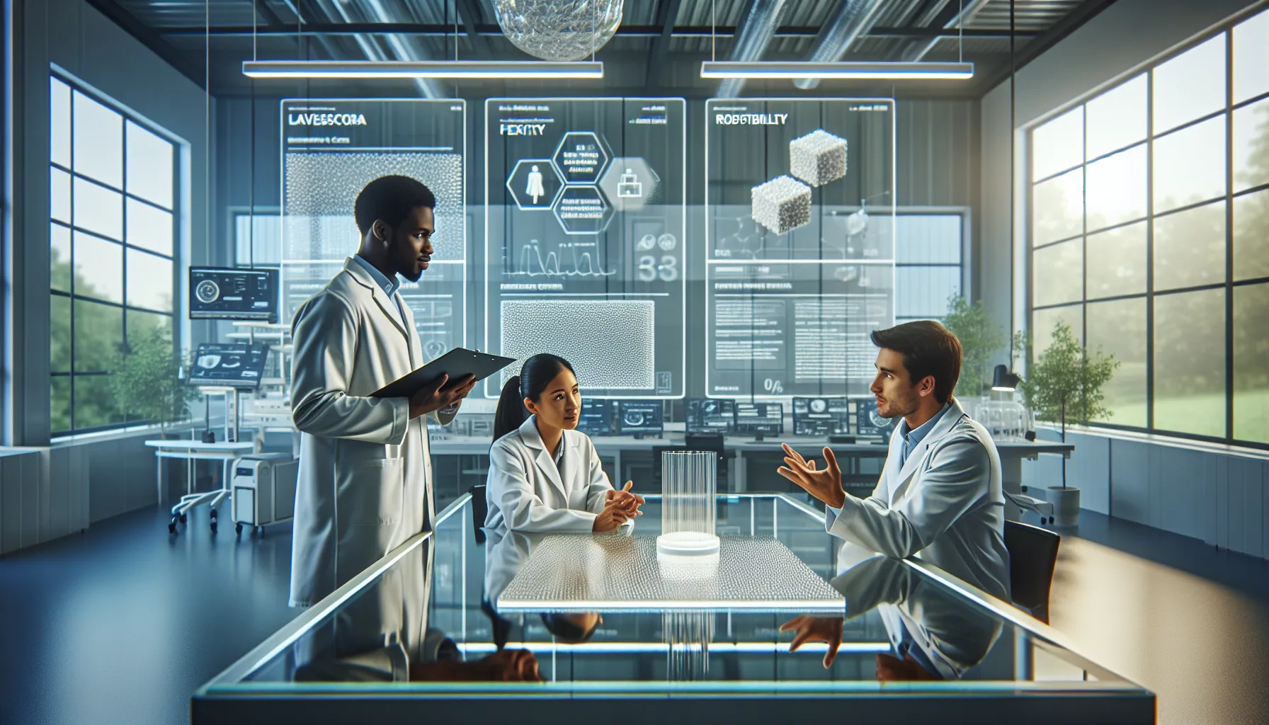 diverse professionals discussing Lavescora in a modern laboratory setting.