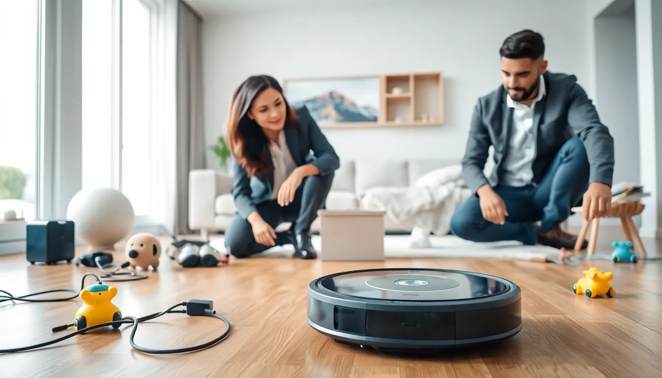 diverse team troubleshooting a Roomba in a modern living room.