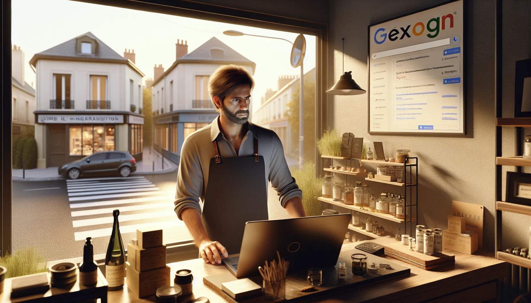 Local Villeparisis shop owner checking his business visibility on Google search results.