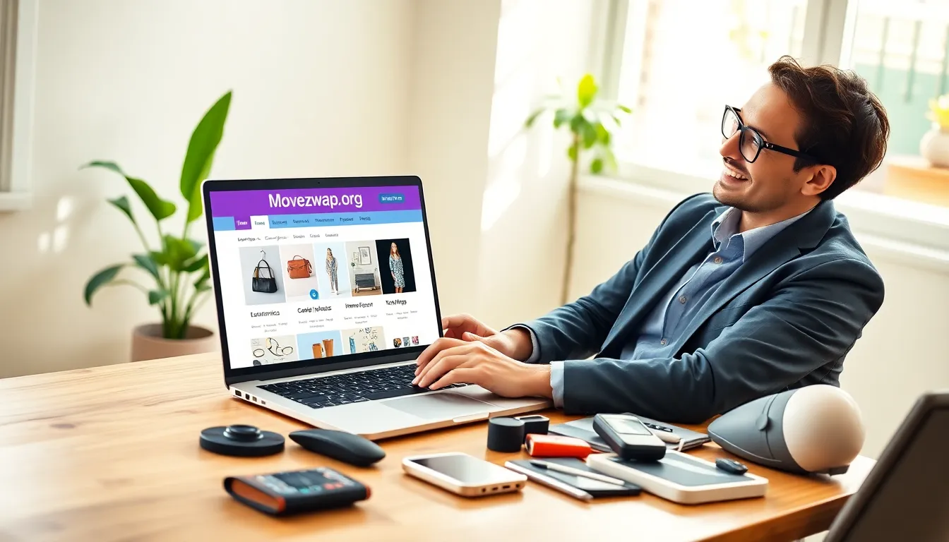 individual using Movezwap.org on a laptop in a modern home office.