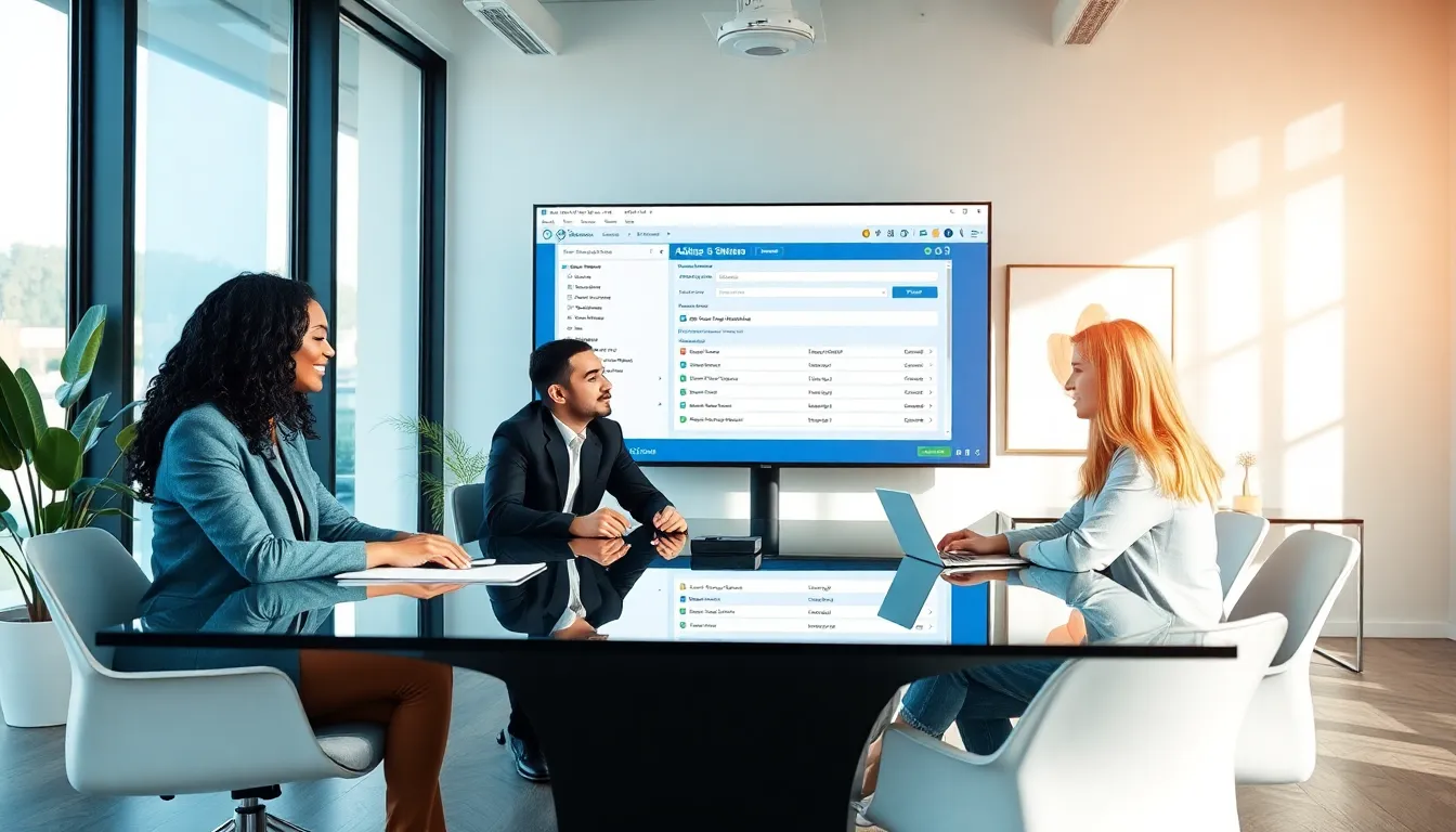 team discussing address verification software in a modern office.