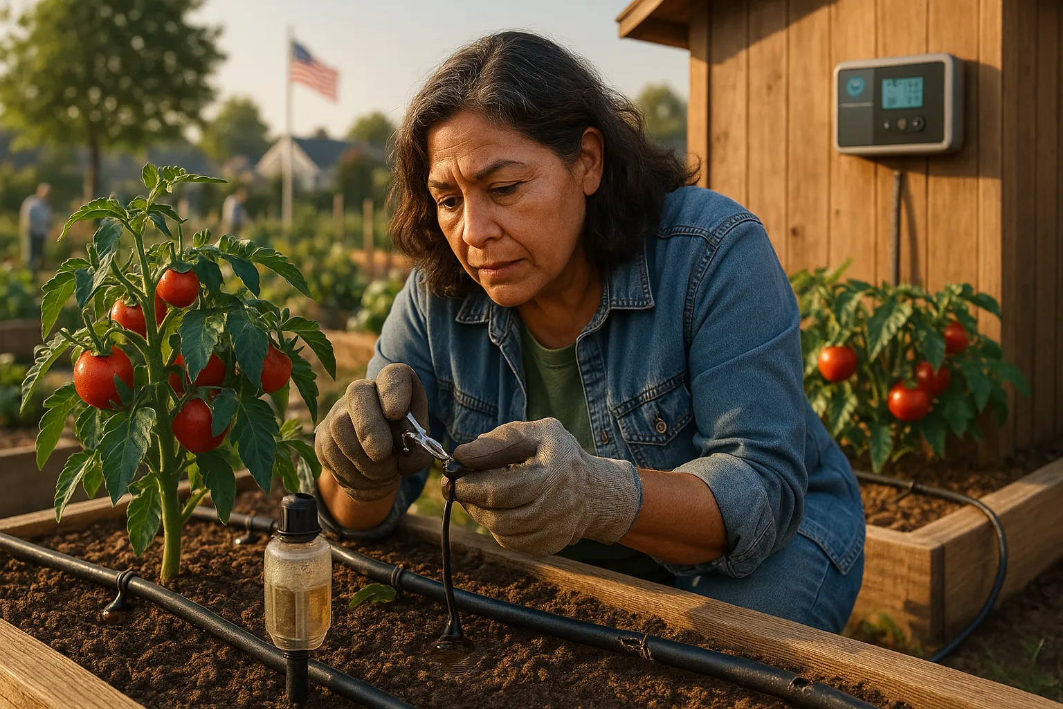 Gardener inspecting a clogged drip emitter on a raised bed with controller visible.