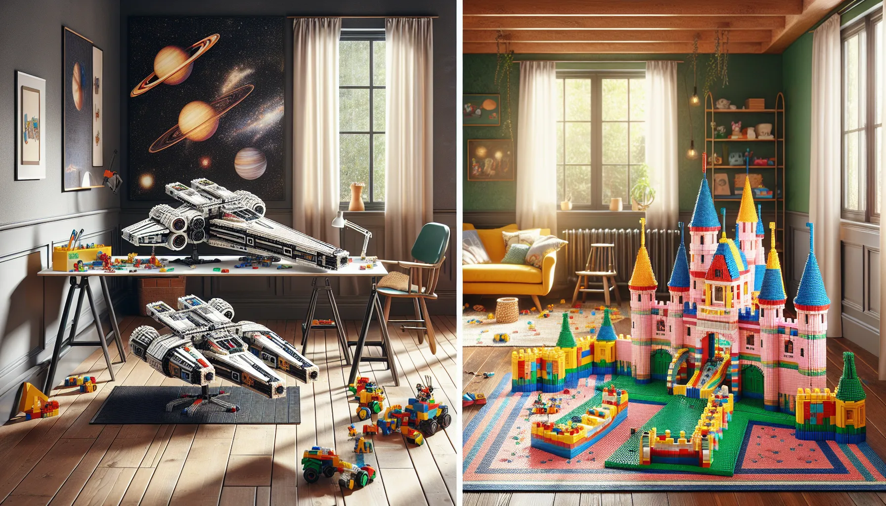 Side-by-side LEGO and DUPLO construction sets in a family-oriented setting.