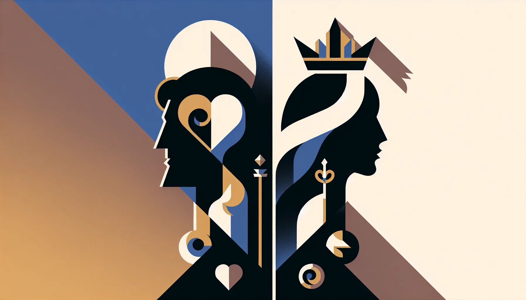 Two contrasting silhouettes representing power versus humanity in minimal geometric style.