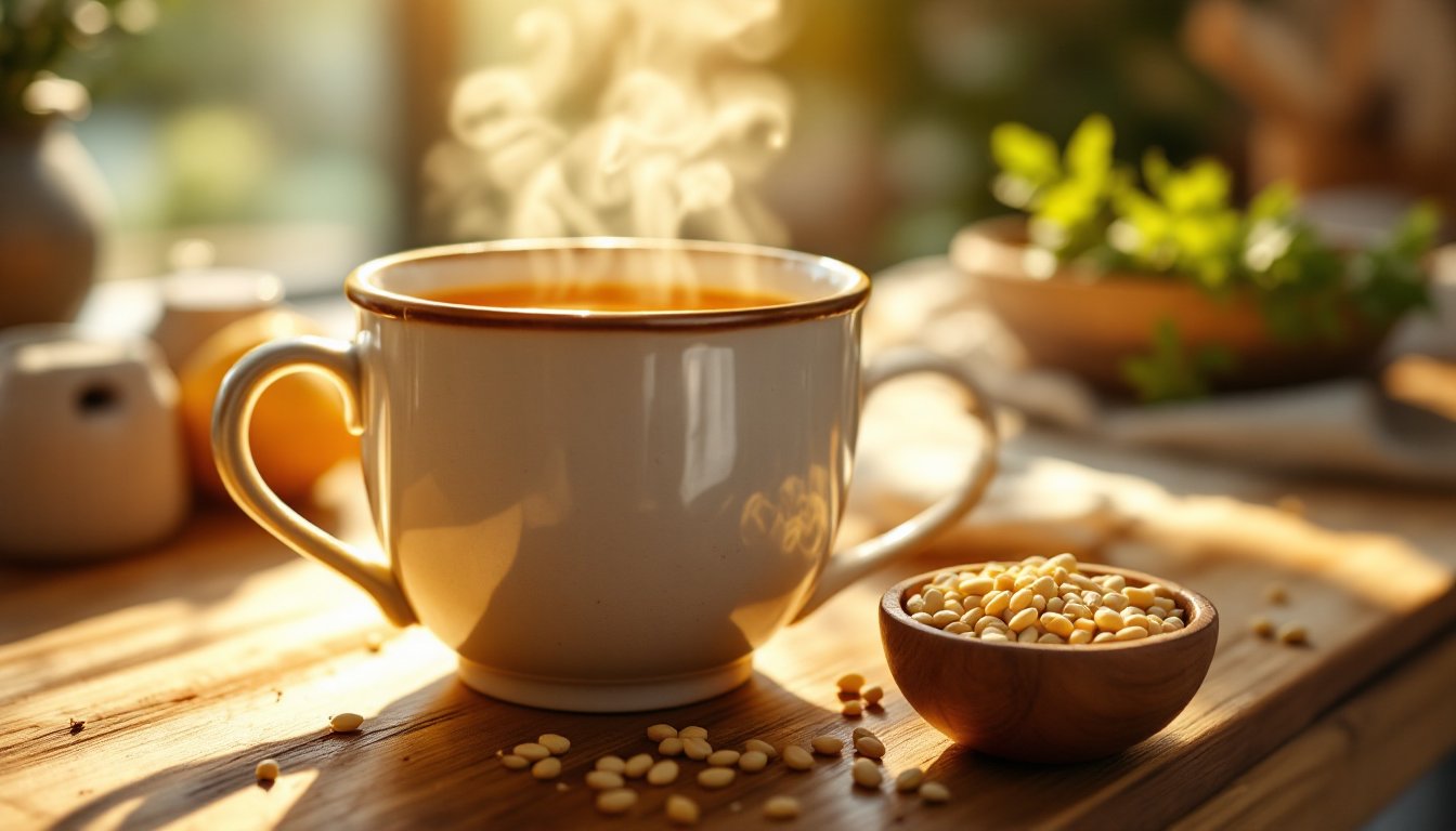 Steaming fennel-coriander tea in a ceramic mug with herbal seeds on a wooden table.